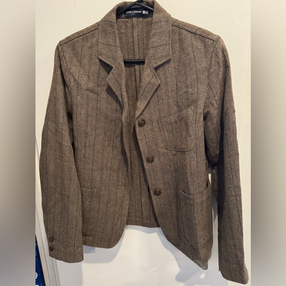 INES DE LA FRESSANGE Uniqlo Wool blend tweed coverall blazer jacket brown chic S